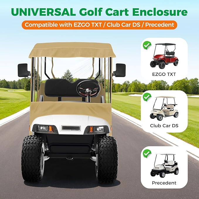 10L0L Universal Golf Cart Enclosure Compatible with EZGO and Club Car Models, 2-Passenger Golf Cart Waterproof 420D Material Windproof Transparent on 2 Sides