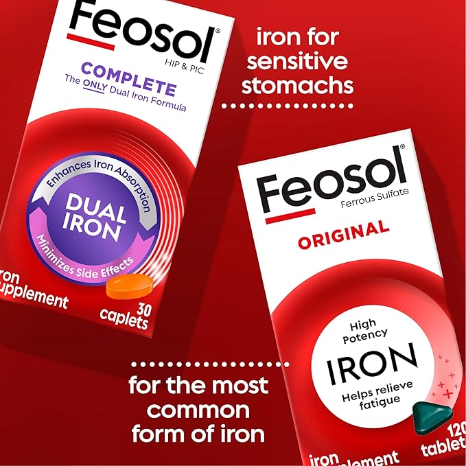 Feosol Original Iron Supplement Tablets,Non-heme 325mg Ferrous Sulfate (65mg Elemental Iron) per Pill, 1 Per Day, 4 Month Supply, for Energy and Immune System Support (120 ct Pack of 2)