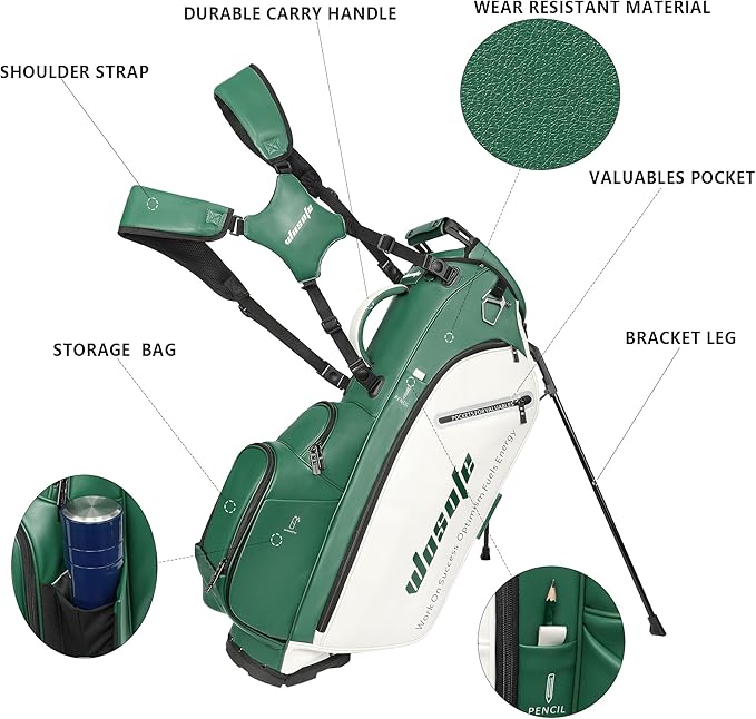 Lightweight 14-Way Golf Stand Bag, PU Leather Golf Bag Waterproof Men Women Full Length Top Dividers, Multiple 8 Pockets Cooler Pouch Adjustable Detachable Shoulder Dual Straps Rain Cover Hood