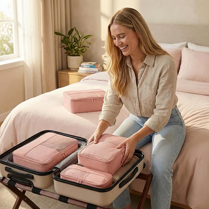 4 Piece Compression Packing Cubes for Suitcases and Backpack, Lightweight Travel Organizer Bags (Dusty Pink)