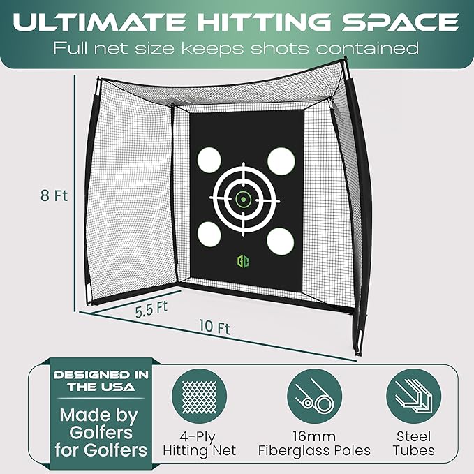 GrdnCare Heavy-Duty Golf Hitting Net 10x8x5.5 FT- Golf Practice Net with Silent Target Tarp, 5-Ply Net, Mat & Tee, Steel Tubes, Poles & Carry Bag - Golf Nets for Backyard, Indoor, Outdoor & Garage