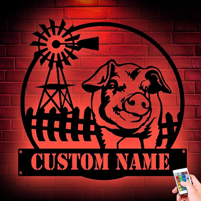 Custom Funny Pig Farmhouse Metal Sign, LED Lights Wall Art, Unique Home Decor for Kitchen or Living Room, gift for Animal Lovers, Handcrafted Hanging Decoration