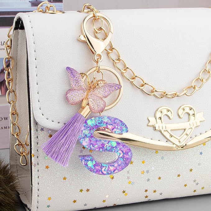 Suweibuke Colourful Cute Initial Letter Keychains for Women Girls with Tassel Butterfly, Charm for Purse Handbags Backpacks