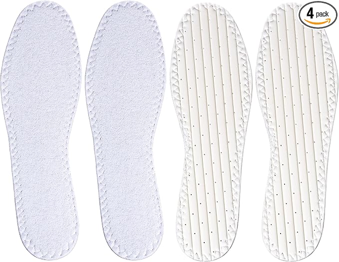 Happystep Cotton Terry Cloth Insoles, Barefoot Shoe Inserts, Sweat Absorption, Odor Control, Moisture-Wicking, Washable and Reusable, Zero Drop Shoe Insoles, 2 Pairs (Women Size 5, White)