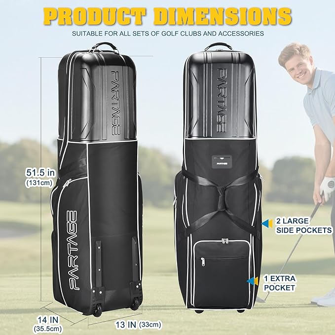 Golf Travel Bag Hard Case Top with Wheels, 900D Heavy Duty Oxford, Golf Bag Travel Case for Airlines, Protect Clubs and Easy to Maneuver-Black
