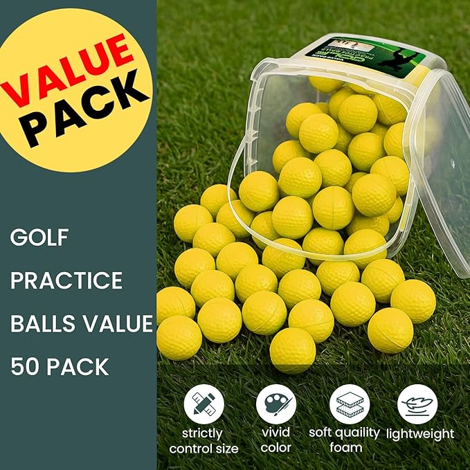 FINGER TEN Golf Practice Balls with Bucket Value 50 Pack, Soft Foam with Limited Flight for Safe Practice, Orange Yellow Pink Bright Colors for Indoor Outdoor Backyard Pool Use