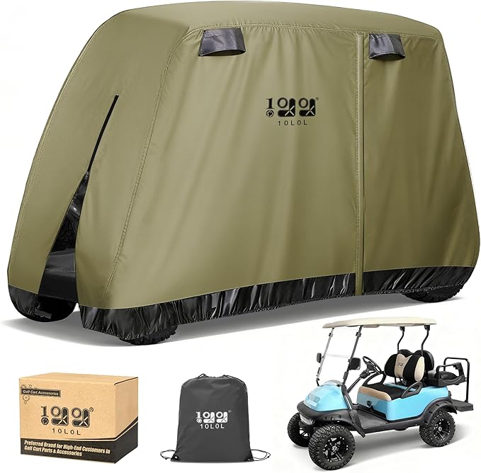 10L0L Golf Cart Cover 2/4/4+2 Passenger for Yamaha EZGO Club Car, Heavy Duty 420D Waterproof Windproof Durable Polyester Golf Cart Cover with 3 Zipper Doors for All-Weather Protection (Black/Silver)