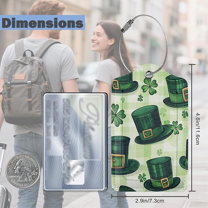 3 Pack Luggage Tag for Suitcase Leather Travel Cruise Luggage Tag with Stainless Steel Loop Name ID Label Privacy Cover for Adults Teens Travel Bag Labels Set (St. Patrick’s Day)