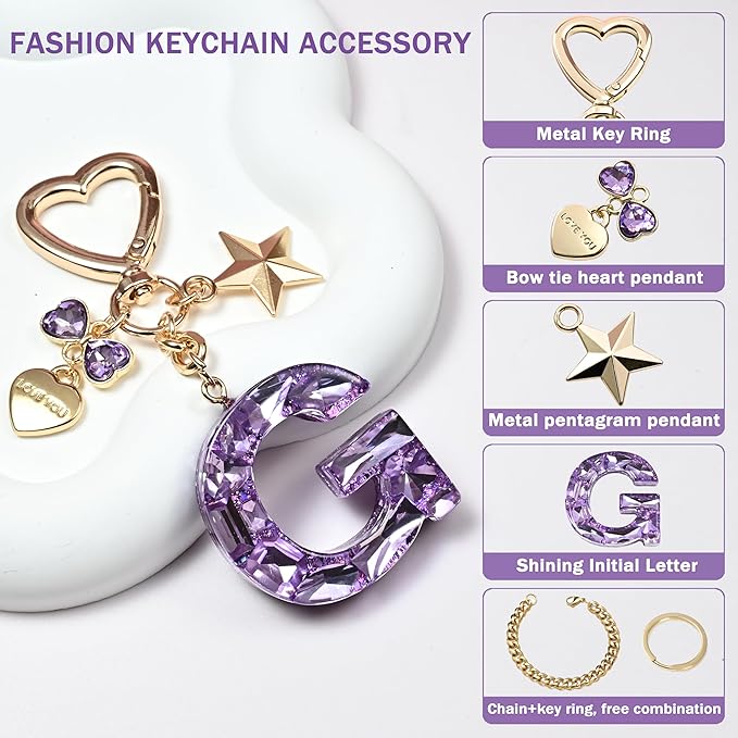 Cute Bling Keychain initial Letter Butterfly Star Pink Purple Gift for Women Girls Bag Cup Charms Accessories