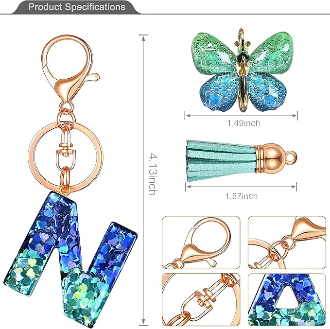 JINGUAZI Initial letter Keychains for Women Tassel Butterfly Pink Purple Cute Car Keychain for Wallet Backpack bag charm