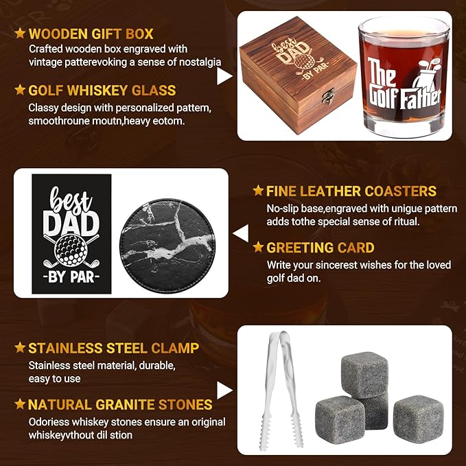 Whiskey Glass Gifts for Golf Dad, Best Gift for Men, Gift with 12oz Whiskey Glasses, Stones, Coaster, Wooden Box for Golf-Dad