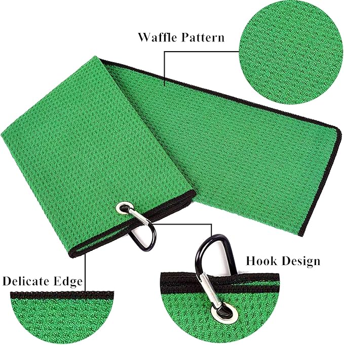 VIVIDLY 2 Pack Tri-fold Golf Towels, Premium Microfiber Fabric Waffle Pattern with Black Heavy Duty Carabiner Clip, Green Golf Towels for Golf Bags for Men (Green)