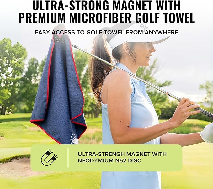 Stripebird - Magnetic Golf Towel (Blue) - Microfiber Golf Towel with Built-in Ultra-Strong Neodymium Magnetic Towel - 18" x 18" Golf Bag Towel