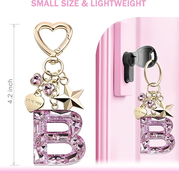 Cute Bling Keychain initial Letter Butterfly Star Pink Purple Gift for Women Girls Bag Cup Charms Accessories