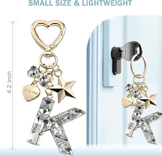 Cute Bling Keychain initial Letter Butterfly Star Pink Purple Gift for Women Girls Bag Cup Charms Accessories