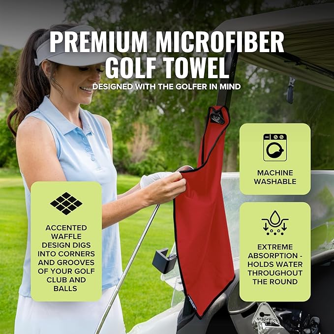 Stripebird - Magnetic Golf Towel (Red) - Microfiber Golf Towel with Built-in Ultra-Strong Neodymium Magnetic Towel - 18" x 18" Golf Bag Towel