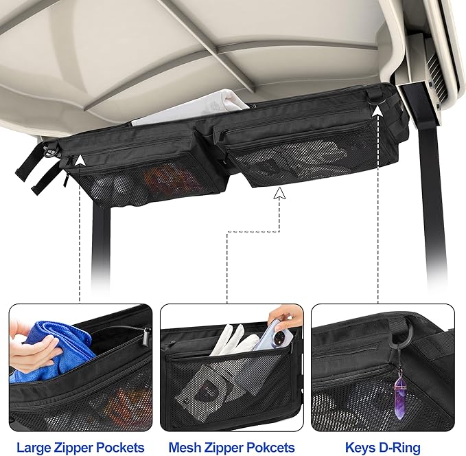 Golf Cart Ceiling Storage Bag, Golf Cart Overhead Organizer Bag Compatible with Club Car Precedent,Tempo, Onward, Black