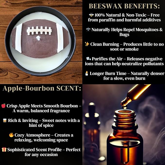 All-Natural Football Candle – Apple Bourbon Scent | Hand-Poured in The USA | Beeswax & Soy Wax | Essential Oils | 100% Beeswax Wick | Premium Gift Box | Candle Gifts for Men & Women