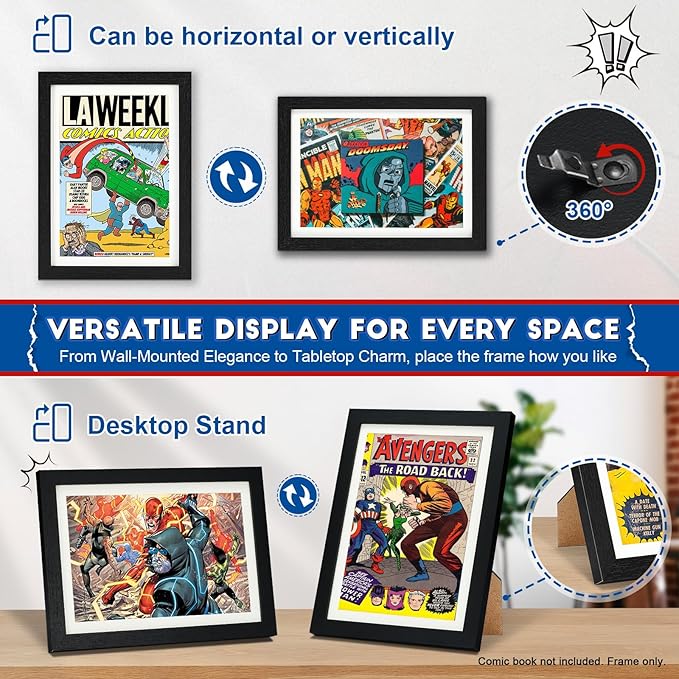 JupDec Comic Book Frame, Premium Wood Display Case for 6 11/16" × 10 3/16" Comic, Wall Mount or Tabletop Stand, Layered Design with Positioning Mat, Perfect for Home Decor, 1 Pack, White