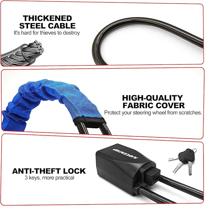 KAYCENTOP Car Steering Wheel Lock to Seat Belt Lock, Anti-Theft Device, Max 17 Inch Length, Small and Light-Weight, Multi-Functional, Fit Most Vehicle, SUV, Golf Cart Security (Blue)