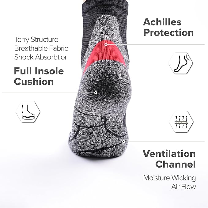 Tactia Full Cushion Compression Socks Men, Coolmax No-Blister Wicking Padded Heel, Quarter Socks for Tennis Golf Hiking Work