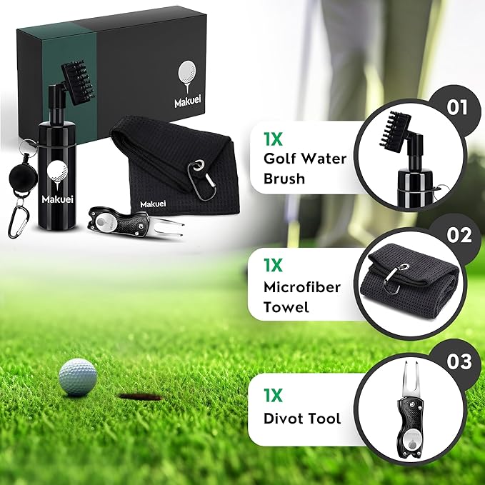 Makuei Golf Water Brush with Golf Towel and Divot Tool - Durable Golf Kit - Elevate Your Golfing Performance Today with Our Golf Cleaning Kit - Best Golf Gift for Golfers