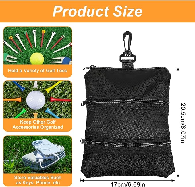 Golf Tee Bag Pouch Black Golf Ball Bag 8.07 X 6.69 Inch Golf Accessory Bag with 360° Swivel Clip