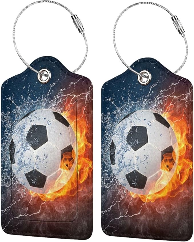2 Pack Soccer Luggage Tags for Suitcases, Cool Leather Luggage Tag for Travel, Bag Tag Privacy Name ID Card Bag Labels for Friends Adults Kids Tourists Sports