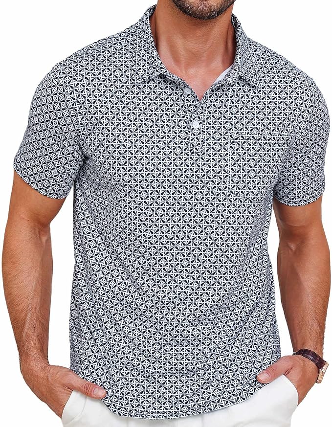 Lexiart Mens Golf Shirt Short Sleeve Dry Fit Print Moisture Wicking Performance Patterns Collared Polo Shirt with Pocket