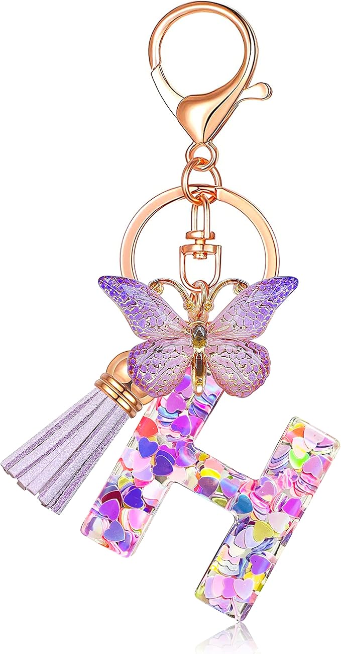 JINGUAZI Initial letter Keychains for Women Tassel Butterfly Pink Purple Cute Car Keychain for Wallet Backpack bag charm