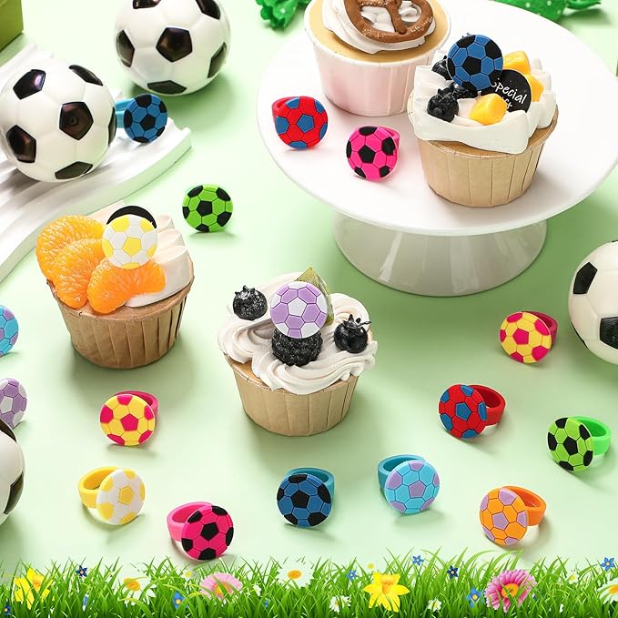 Honeydak 48 Pcs Soccer Sport Cupcake Rings Toppers Decoration Sport Ball Theme Cupcake Picks Cake Decoration for Baby Shower Birthday Party Cake Supplies