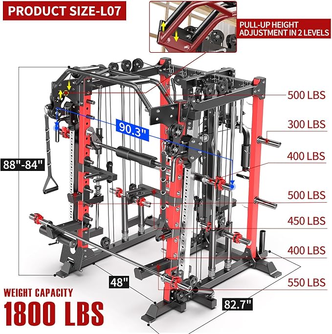Smith Machine，Multi-Function Squat Rack Power Cage with Cable Crossover System,with Optional Weight Bench, Olympic Barbell Weight Set, for Home Gym
