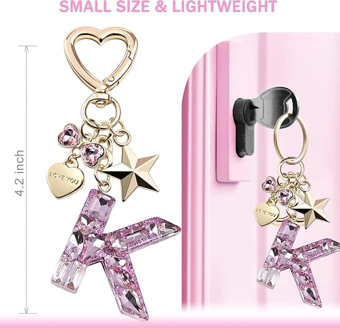 Cute Bling Keychain initial Letter Butterfly Star Pink Purple Gift for Women Girls Bag Cup Charms Accessories