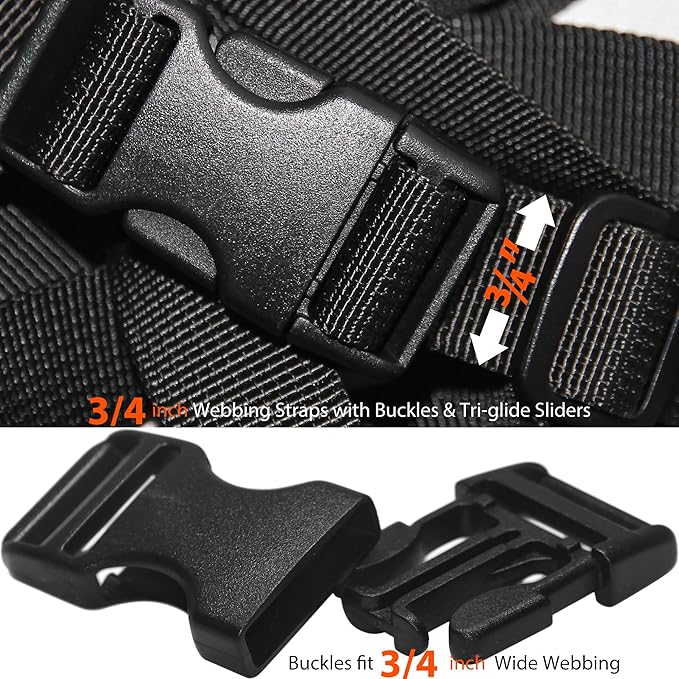 3/4" Straps and Buckles Set: 6 yard Nylon Webbing 0.75 inch (20 mm) Wide, 6 pack Side Release Buckle, 12 pcs Tri-Glide Sliders, Plastic Clips Quick Fasteners Replacement Dual Adjustable No Sewing