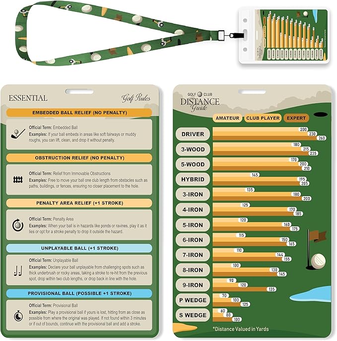 Golf Club Range Chart & Golfing Rules Reference Guide | Club Yardage Distance Finder | Ideal Golf Bag Accessory & Golf Practice | Training Aids | Made in USA | Pocket Sized 3.54 in x 5.12 in