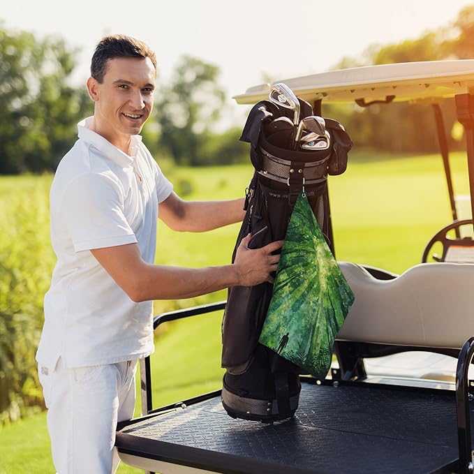 Green Golf Towel with Carabiner Clip 24"x16" Spring Forest Backdrop Microfiber Waffle Golf Towels for Golf Bags Sun Rays Natural Tree Golf Rag for Disc Balls Clubs Golfs Accessories for Men Women Dad