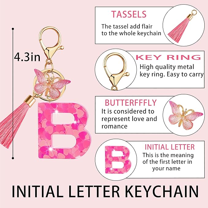 Suweibuke Colourful Cute Initial Letter Keychains for Women Girls with Tassel Butterfly, Charm for Purse Handbags Backpacks