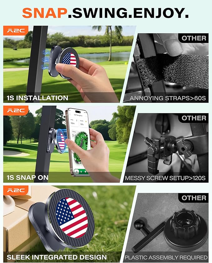 A2C American Flag Alloy Magnetic Golf Cart Phone Holder Compatible with MagSafe iPhone 12-17 Mini Fits EZGO, Club Car, Yamaha, Icon, Golf Accessories for Men Golfers Women Essentials Gift (US Flag)