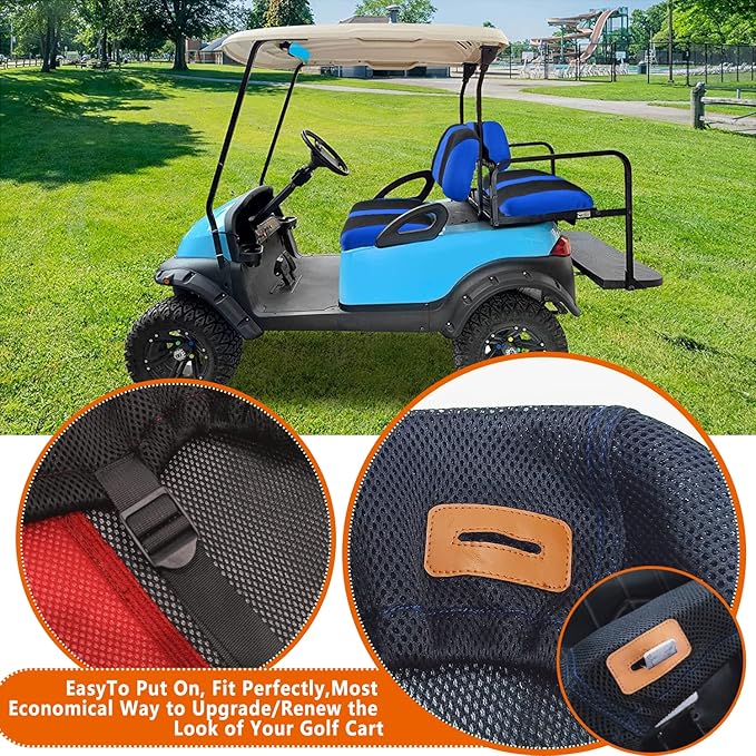 Golf Cart Front with Back Seat Cover Set for Club Car Precedent 4 Passenger Models Bench Seat Covers Kit Breathable Washable Polyester Mesh Cloth Blue