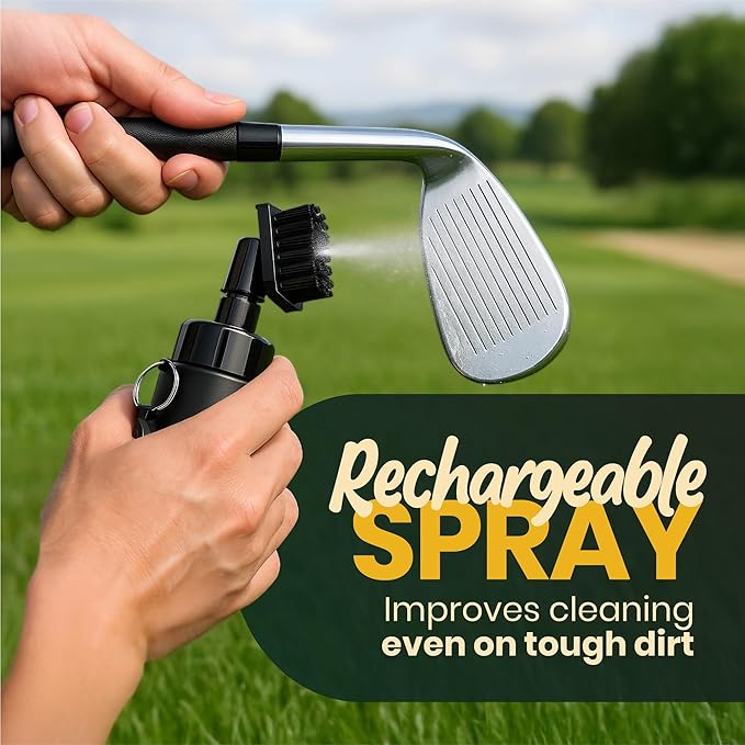 Golf Club Cleaner Brush with Water Spray-2-in-1Groove Cleaner, Ultra Strong Magnetic Clip, Advanced Leak-Prof Spray System