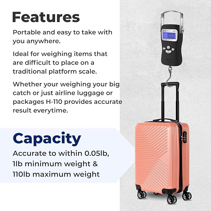 AWS Digital Luggage Scale, Fish Weighing Scale, Hanging Scale 110lb/50kg – Die-Cast Metal Construction, Built-in Tape Measure, Hook & Handle – for Travel, Fishing, Archery, Hunting, Outdoor (Black)