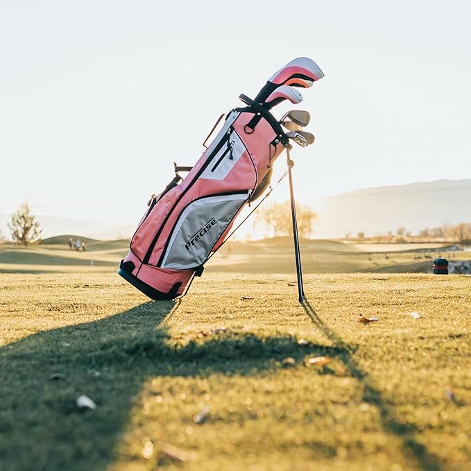 Precise M5 Womens Golf Clubs Full Set, Titanium Driver, S.S. Fairway, S.S. Hybrid, S.S. 5-PW Irons, Putter, Stand Bag, 3 H/C's, Golf Clubs Women Right Handed, Pink