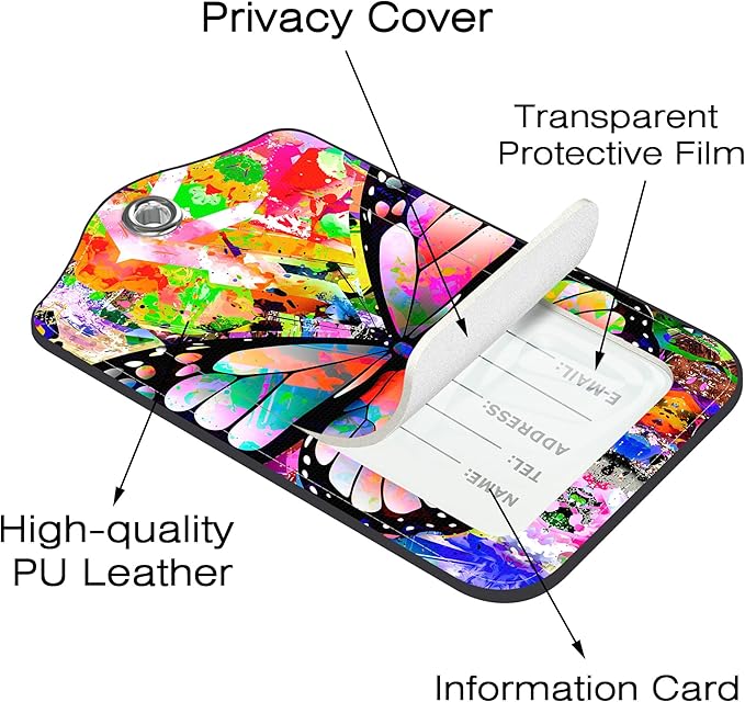 2 Pack Luggage Tags for Suitcase,Abstract Butterfly PU Leather Luggage Tags with Privacy Cover Name Address Labels and Steel Ring,Creative Travel Accessories for Men and Women