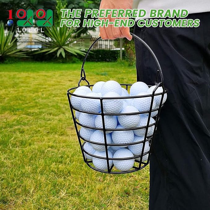 10L0L Golf Ball Bucket Metal Material, Golf Ball Basket Container with Handle, Bucket Holds 50 Balls - Black (Balls NOT Include)
