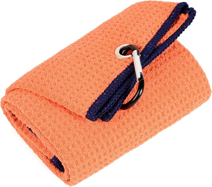 Mile High Life Tri-fold Golf Towel | Premium Microfiber Fabric | Waffle Pattern | with Heavy Duty Carabiner Clip | Golf Towel for Men and Women (Orange)