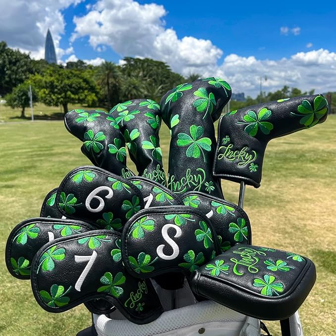 Live Lucky Golf Club Headcover Shamrock Golf Head Cover Elegant Embroidery Premium Leather Driver Covers Fairway Wood Covers Hybrid Headcovers Mallet Blade Putter Covers