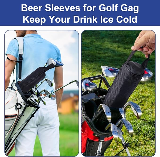 Golf Beer Sleeve with 7 Ice Pucks, Insulated Golf Bag Cooler Holds 7 Cans, Leak-Proof Zipper Sling Beer Sleeves Unique Golf Accessories Golfing Gifts for Men