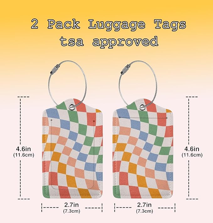 TSA Approved Luggage Tags for Suitcases 2 Pack Colorful Retro Wavy Funny Leather Carnival Cruise Airport Cute Travel Name Tags Golf Bag tag Ships Essentials Privacy Cover ID Label for Women Men