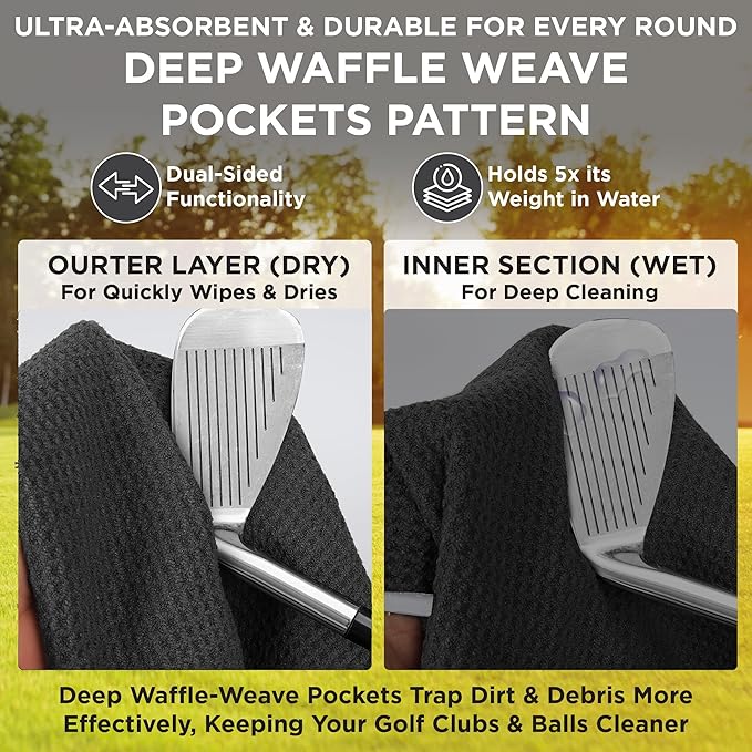 Magnetic Golf Towel (Black) Microfiber Golf Towel | Ultra Absorbant Waffle Pattern | Extra Strong Magnet for Golf Cart or Clubs