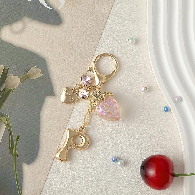 Snycler Bubble Initial Keychain with Strawberry & Bow- Gold Letter Bag Charms for Women, Cute Purse Handbag Accessories